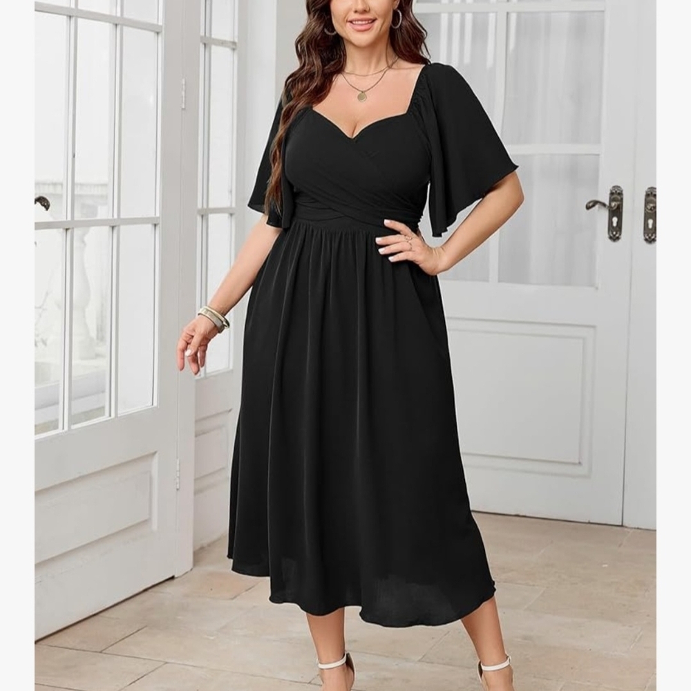 Chic Black Midi Dress With Ruffled Sleeves Womens 3X New